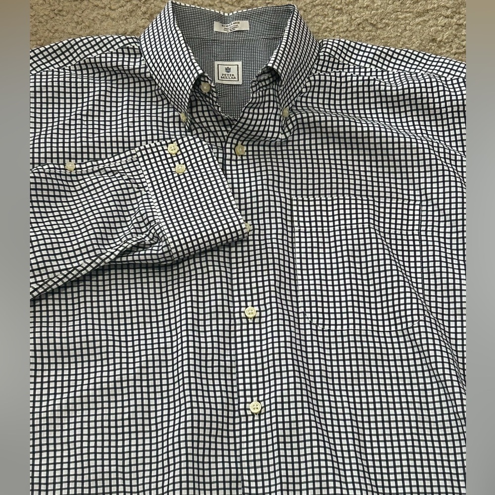 Peter Millar Summer Comfort XL Long Sleeve Button Down Shirt Gingham Check Navy